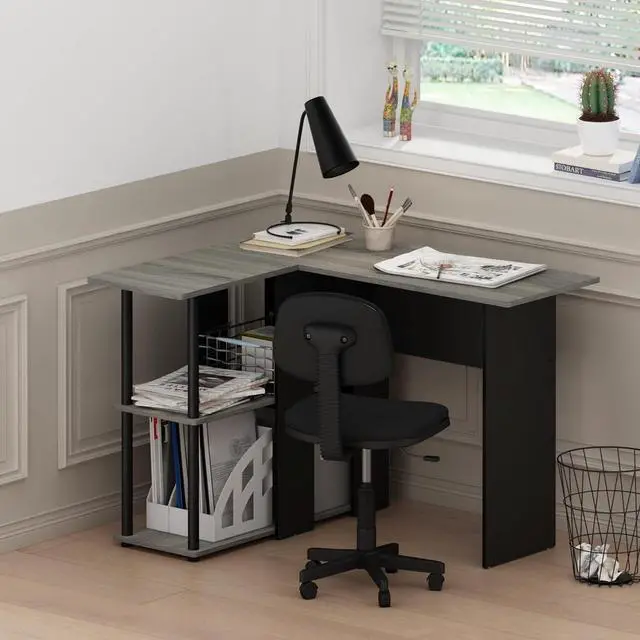Alt view image 2 of 7 - Furinno Abbott L-Shape Computer Desk with Bookshelf, French Oak Grey/Black