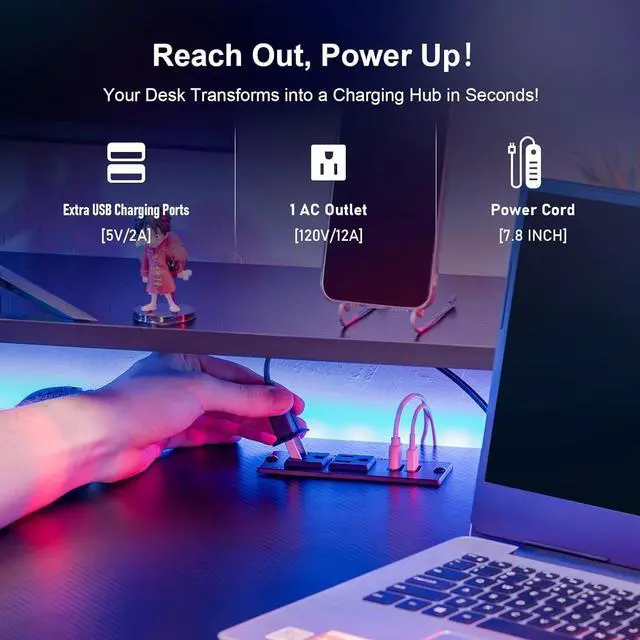 Alt view image 5 of 7 - COMHOMA 55 Inch Gaming Desk with USB Charging Ports and LED Lights, Computer Desk with Monitor Stand for Home Office, Modern Gamer Desk Table with Mouse Pad & Side Hook, RGB