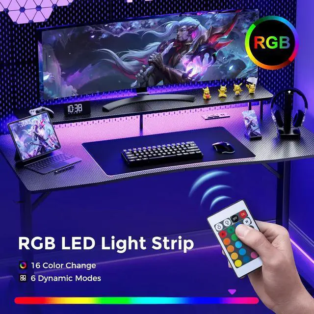 Alt view image 5 of 7 - GTRACING Gaming Desk with LED Lights, 55 Inch Large Computer Gamer Desk with Monitor Stand & Power Outlet, Ergonomic Carbon Fiber Surface Gaming Table with Mouse Pad for Home Office, Carbon Black