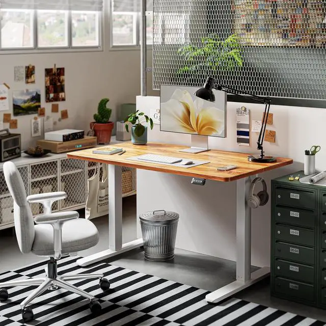 Alt view image 2 of 7 - Cubiker Standing Desk, Stand up Height Adjustable Home Office Electric Desk, 48 x 24 Inch Sit Stand Desk with Splice Board, Light Rustic Desktop