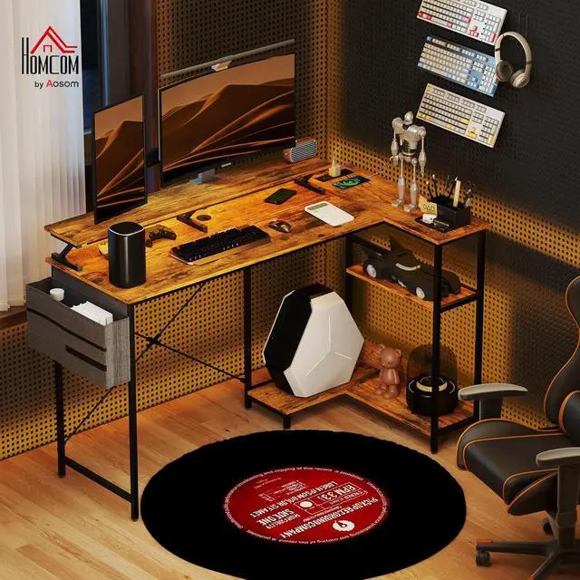 Alt view image 2 of 7 - HOMCOM 58" L Shaped Gaming Desk with Power Outlets and LED Lights, Reversible Computer Desk with Monitor Stand, Fabric Storage Bag, Cable Management, for Home Office, Rustic Brown