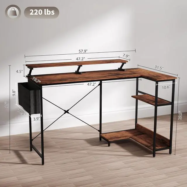 Alt view image 3 of 7 - HOMCOM 58" L Shaped Gaming Desk with Power Outlets and LED Lights, Reversible Computer Desk with Monitor Stand, Fabric Storage Bag, Cable Management, for Home Office, Rustic Brown