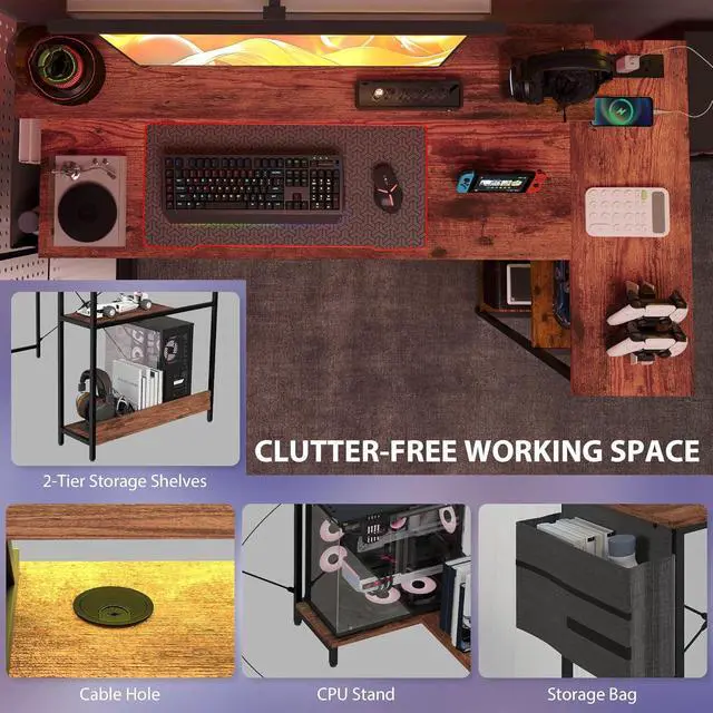 Alt view image 4 of 7 - HOMCOM 58" L Shaped Gaming Desk with Power Outlets and LED Lights, Reversible Computer Desk with Monitor Stand, Fabric Storage Bag, Cable Management, for Home Office, Rustic Brown