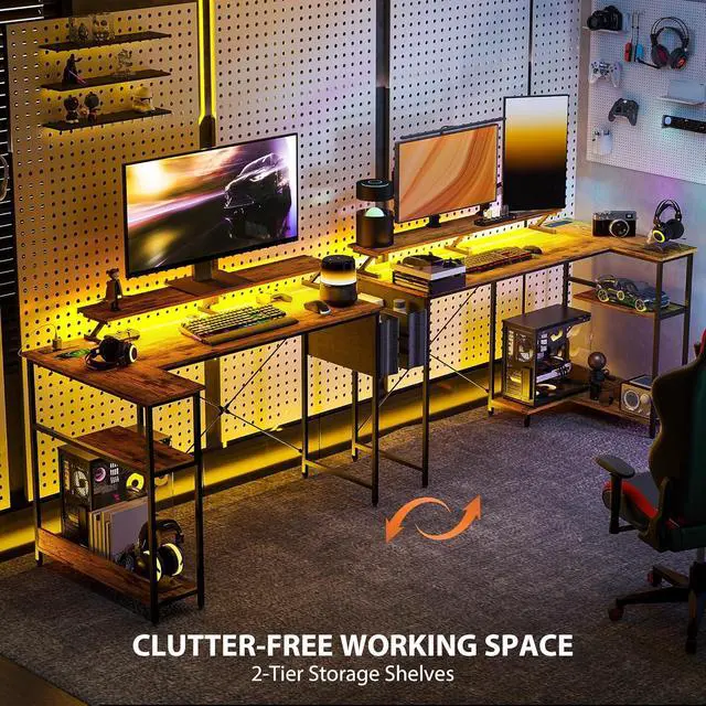 Alt view image 7 of 7 - HOMCOM 58" L Shaped Gaming Desk with Power Outlets and LED Lights, Reversible Computer Desk with Monitor Stand, Fabric Storage Bag, Cable Management, for Home Office, Rustic Brown