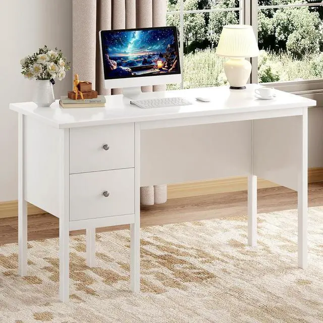Main image of BHG Computer Desk with Drawers,Modern White Home Office Desk with Storage Filing Cabinet, Vanity Desk Makeup Dressing Table for Bedroom,Small Writing Table PC Desks for Study(White, 43.3")