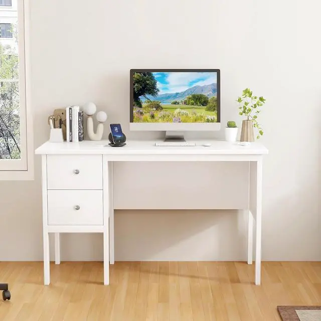 Alt view image 4 of 7 - BHG Computer Desk with Drawers,Modern White Home Office Desk with Storage Filing Cabinet, Vanity Desk Makeup Dressing Table for Bedroom,Small Writing Table PC Desks for Study(White, 43.3")