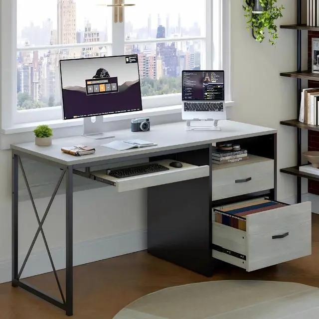 Main image of Bestier Office Desk with Drawers, 55 inch Industrial Computer Desk with Storage, Wood Teacher Desk with Keyboard Tray & File Drawer for Home Office, Wash White