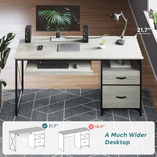 Alt view image 4 of 7 - Bestier Office Desk with Drawers, 55 inch Industrial Computer Desk with Storage, Wood Teacher Desk with Keyboard Tray & File Drawer for Home Office, Wash White