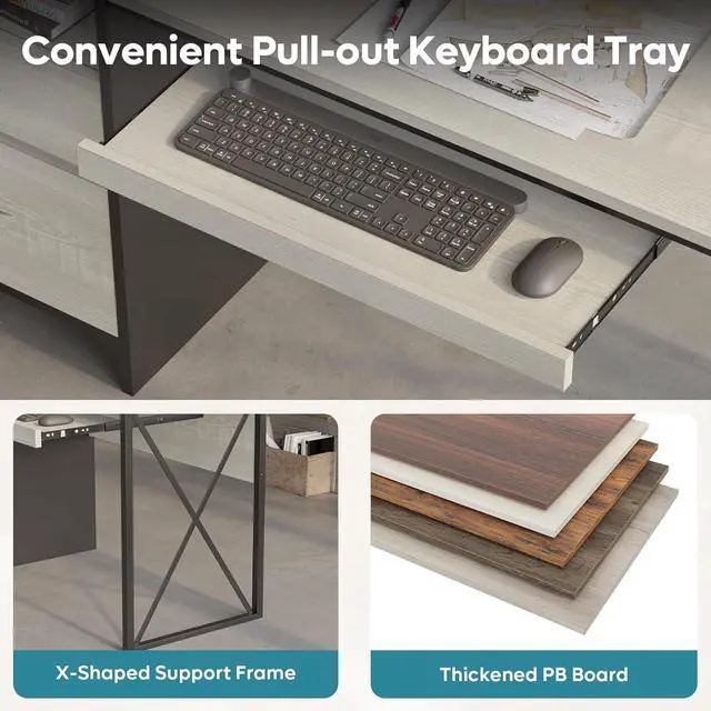 Alt view image 5 of 7 - Bestier Office Desk with Drawers, 55 inch Industrial Computer Desk with Storage, Wood Teacher Desk with Keyboard Tray & File Drawer for Home Office, Wash White