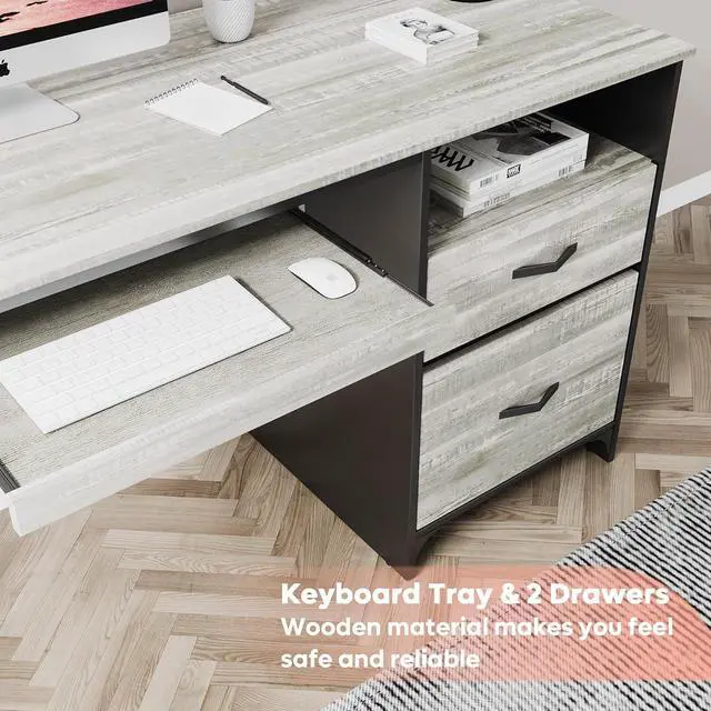 Alt view image 7 of 7 - Bestier Office Desk with Drawers, 55 inch Industrial Computer Desk with Storage, Wood Teacher Desk with Keyboard Tray & File Drawer for Home Office, Wash White