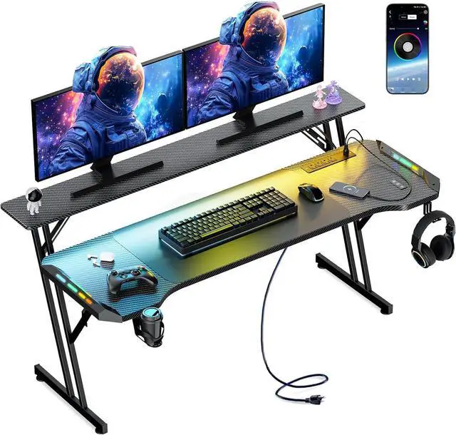 Main image of 55 Inch Gaming Desk, Smart Computer Gamer Desk with LED Lights & Mouse Pad, Gaming Table with Power Outlet, Monitor Stand, Side Hook, Ergonomic Work Desks for Home Office, Carbon Fiber Black