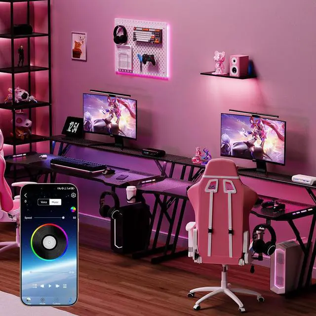 Alt view image 2 of 7 - 55 Inch Gaming Desk, Smart Computer Gamer Desk with LED Lights & Mouse Pad, Gaming Table with Power Outlet, Monitor Stand, Side Hook, Ergonomic Work Desks for Home Office, Carbon Fiber Black