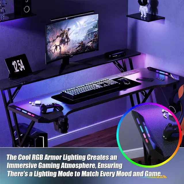 Alt view image 5 of 7 - 55 Inch Gaming Desk, Smart Computer Gamer Desk with LED Lights & Mouse Pad, Gaming Table with Power Outlet, Monitor Stand, Side Hook, Ergonomic Work Desks for Home Office, Carbon Fiber Black