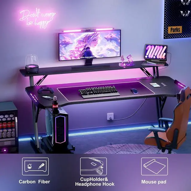 Alt view image 7 of 7 - 55 Inch Gaming Desk, Smart Computer Gamer Desk with LED Lights & Mouse Pad, Gaming Table with Power Outlet, Monitor Stand, Side Hook, Ergonomic Work Desks for Home Office, Carbon Fiber Black