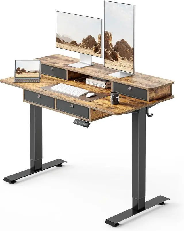 Main image of FEZIBO 48 x 24 inch Electric Standing Desk Adjustable Height with 4 Drawers, Sit Stand Desk, Home Office Stand Up Table with 4 Height-Adjustable Feets & 2 Hooks,Rustic Brown Top, 48 inch