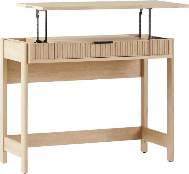 Alt view image 6 of 7 - WALKER EDISON Transitional Style Furniture, Reeded Detail, Lift-Top Desk with Drawer and Storage Cubby, Sitting to Standing Desk, Soft Self-Close Desktop, 38W x 16.75D x 30H, Coastal Oak