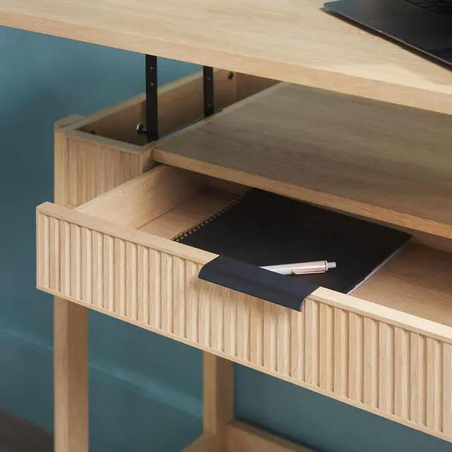 Alt view image 7 of 7 - WALKER EDISON Transitional Style Furniture, Reeded Detail, Lift-Top Desk with Drawer and Storage Cubby, Sitting to Standing Desk, Soft Self-Close Desktop, 38W x 16.75D x 30H, Coastal Oak