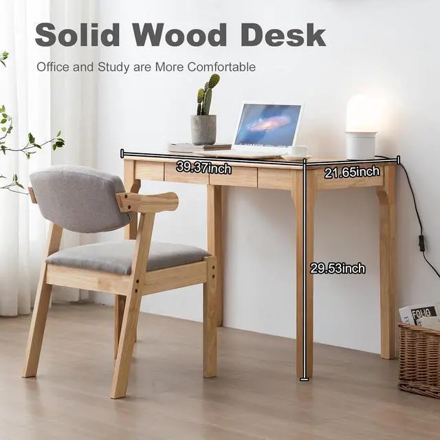 Alt view image 3 of 7 - Solid Wood Desk, Gaming Study Home Office Desks for Work, Student PC Desk for Bedroom, Small Computer Desk for Small Spaces, Easy to Assemble (Wood Color, 39inch)