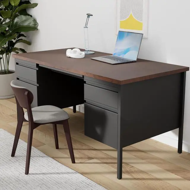 Alt view image 2 of 3 - Lorell Fortress Series Double Pedestal Desk, 60" x 30" x 29.5", Black Steel Frame with Walnut Top