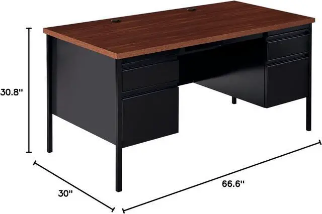 Alt view image 3 of 3 - Lorell Fortress Series Double Pedestal Desk, 60" x 30" x 29.5", Black Steel Frame with Walnut Top