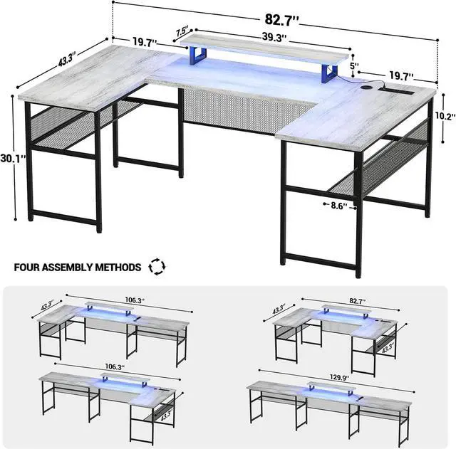 Alt view image 3 of 7 - Unikito U Shaped Computer Desk with Power Outlet and LED Strip, Reversible L Shaped Office Desk with Monitor Stand and Bookshelf, Modern U- Shape Corner Desk, 130 Inch 2 Person Gaming Table, White Oak