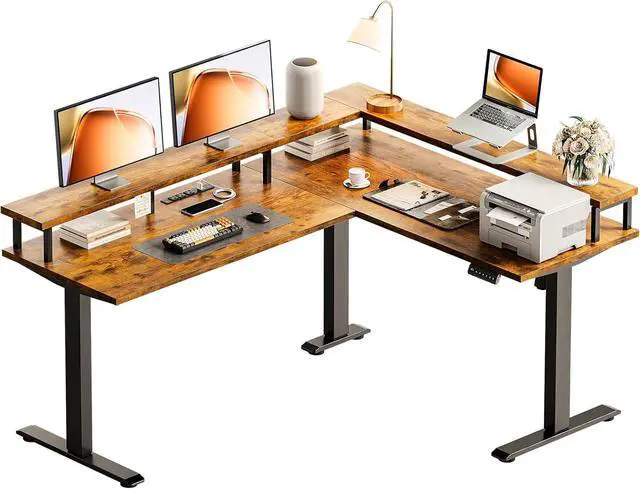 Main image of AODK Electric L Shaped Standing Desk, 59 Inch Height Adjustable Stand Up Desk with Power Outlets  Full Monitor Stand, Reversible Corner Desk for Home Office  Computer Workstation, Rustic Brown