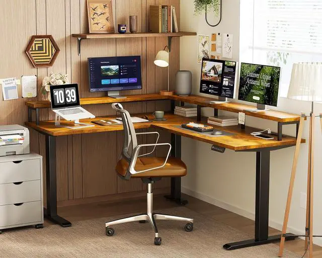 Alt view image 2 of 7 - AODK Electric L Shaped Standing Desk, 59 Inch Height Adjustable Stand Up Desk with Power Outlets  Full Monitor Stand, Reversible Corner Desk for Home Office  Computer Workstation, Rustic Brown