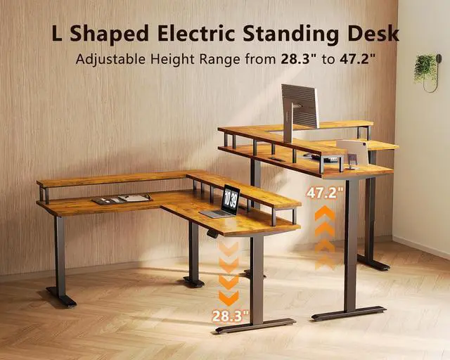 Alt view image 4 of 7 - AODK Electric L Shaped Standing Desk, 59 Inch Height Adjustable Stand Up Desk with Power Outlets  Full Monitor Stand, Reversible Corner Desk for Home Office  Computer Workstation, Rustic Brown