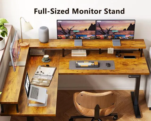 Alt view image 5 of 7 - AODK Electric L Shaped Standing Desk, 59 Inch Height Adjustable Stand Up Desk with Power Outlets  Full Monitor Stand, Reversible Corner Desk for Home Office  Computer Workstation, Rustic Brown