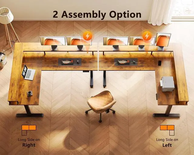 Alt view image 6 of 7 - AODK Electric L Shaped Standing Desk, 59 Inch Height Adjustable Stand Up Desk with Power Outlets  Full Monitor Stand, Reversible Corner Desk for Home Office  Computer Workstation, Rustic Brown