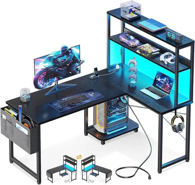 Main image of Casaottima Gaming Desk with Power Outlets & LED Lights, 43 Inch Reversible L Shaped Computer Desk with Shelves & Storage Bag, Corner Desk for Home Office, Black