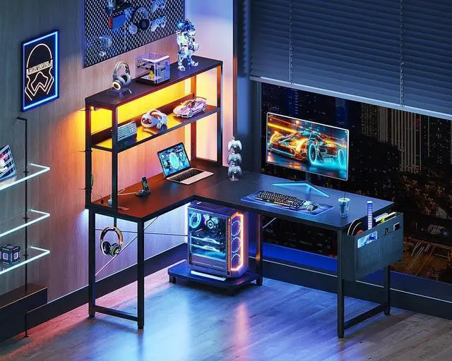 Alt view image 2 of 7 - Casaottima Gaming Desk with Power Outlets & LED Lights, 43 Inch Reversible L Shaped Computer Desk with Shelves & Storage Bag, Corner Desk for Home Office, Black
