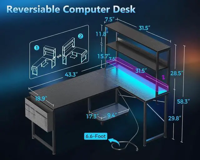 Alt view image 3 of 7 - Casaottima Gaming Desk with Power Outlets & LED Lights, 43 Inch Reversible L Shaped Computer Desk with Shelves & Storage Bag, Corner Desk for Home Office, Black