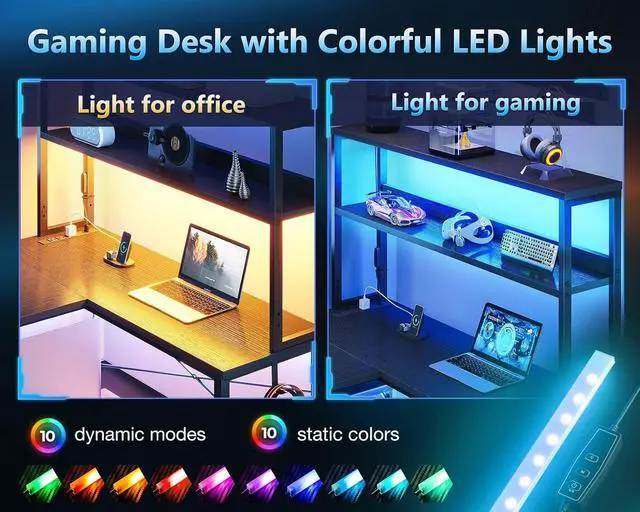 Alt view image 4 of 7 - Casaottima Gaming Desk with Power Outlets & LED Lights, 43 Inch Reversible L Shaped Computer Desk with Shelves & Storage Bag, Corner Desk for Home Office, Black