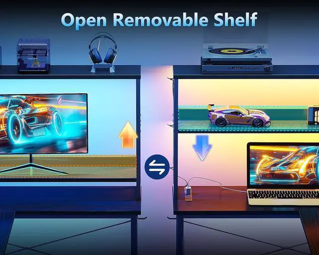 Alt view image 6 of 7 - Casaottima Gaming Desk with Power Outlets & LED Lights, 43 Inch Reversible L Shaped Computer Desk with Shelves & Storage Bag, Corner Desk for Home Office, Black