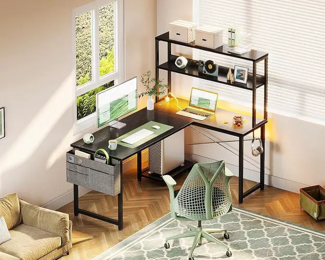 Alt view image 7 of 7 - Casaottima Gaming Desk with Power Outlets & LED Lights, 43 Inch Reversible L Shaped Computer Desk with Shelves & Storage Bag, Corner Desk for Home Office, Black