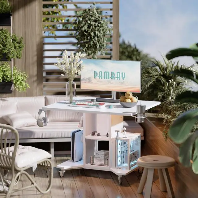 Alt view image 2 of 6 - Pamray Small Rolling Gaming Desk with Led Lights Power Outlets and Storage Pegboard, Small Spaces Compact PC Computer Table White