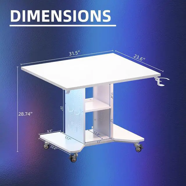 Alt view image 3 of 6 - Pamray Small Rolling Gaming Desk with Led Lights Power Outlets and Storage Pegboard, Small Spaces Compact PC Computer Table White