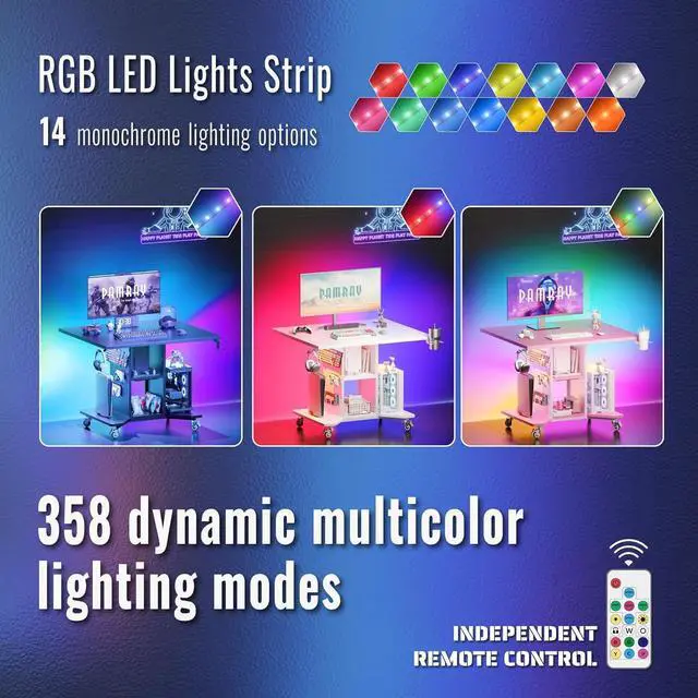 Alt view image 4 of 6 - Pamray Small Rolling Gaming Desk with Led Lights Power Outlets and Storage Pegboard, Small Spaces Compact PC Computer Table White