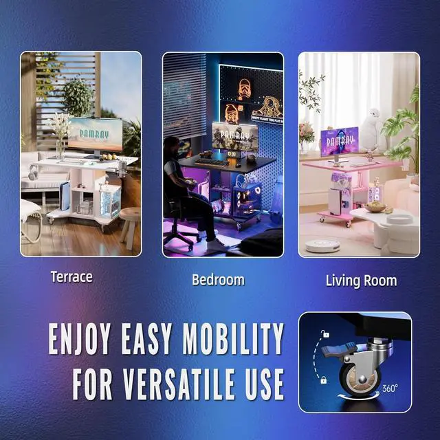 Alt view image 5 of 6 - Pamray Small Rolling Gaming Desk with Led Lights Power Outlets and Storage Pegboard, Small Spaces Compact PC Computer Table White