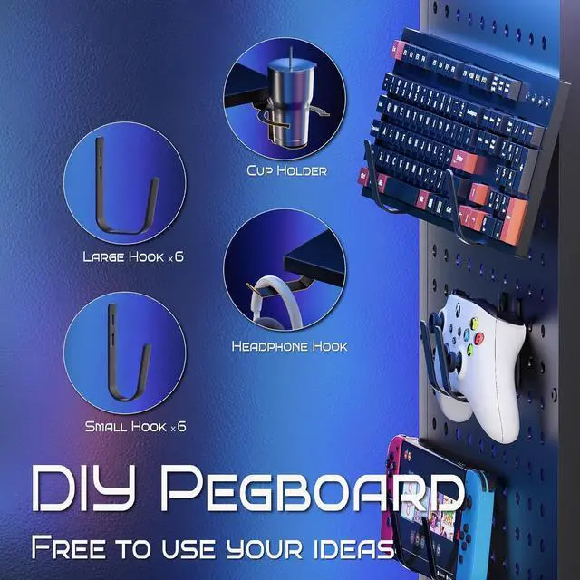 Alt view image 6 of 6 - Pamray Small Rolling Gaming Desk with Led Lights Power Outlets and Storage Pegboard, Small Spaces Compact PC Computer Table White