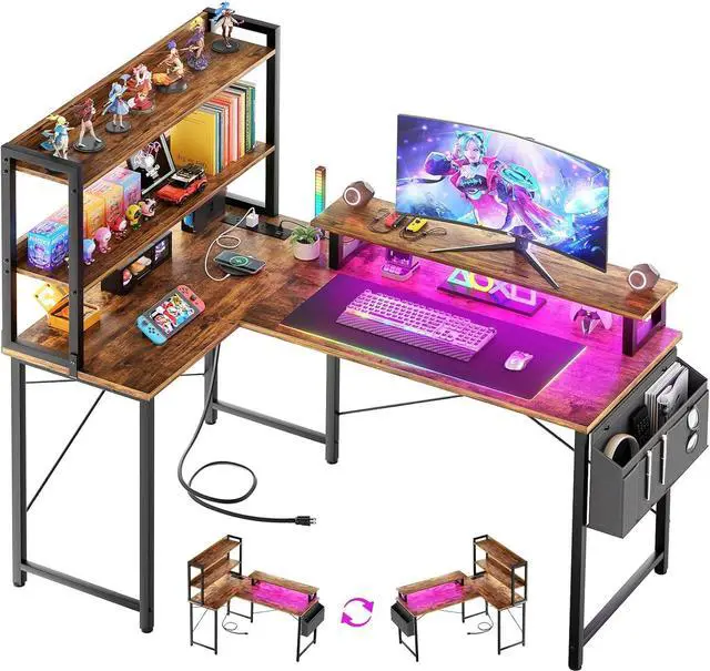 Main image of Homieasy L Shaped Computer Desk with Bookshelf, 47 Inch Reversible Corner Gaming Desk with Charging Station & Led Light, Home Office Desk with Hutch Monitor Stand Storage Shelves Bag, Rustic Brown