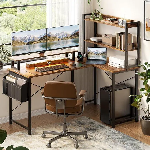 Alt view image 2 of 7 - Homieasy L Shaped Computer Desk with Bookshelf, 47 Inch Reversible Corner Gaming Desk with Charging Station & Led Light, Home Office Desk with Hutch Monitor Stand Storage Shelves Bag, Rustic Brown