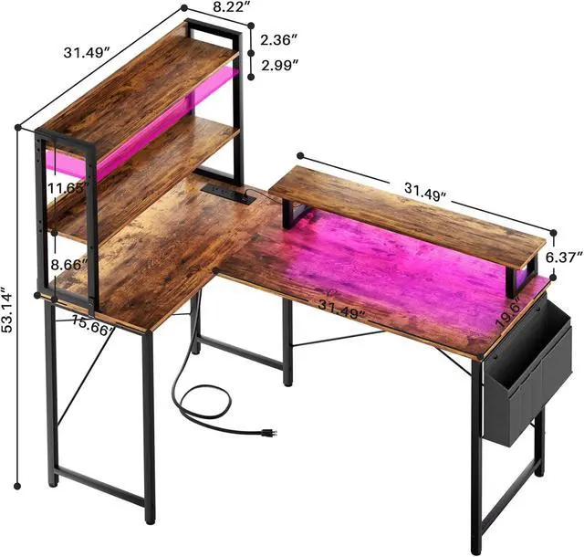 Alt view image 3 of 7 - Homieasy L Shaped Computer Desk with Bookshelf, 47 Inch Reversible Corner Gaming Desk with Charging Station & Led Light, Home Office Desk with Hutch Monitor Stand Storage Shelves Bag, Rustic Brown