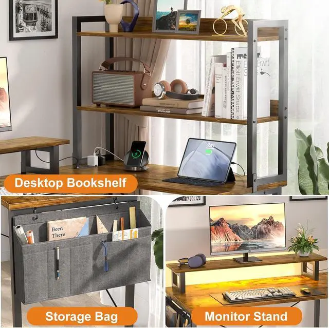 Alt view image 5 of 7 - Homieasy L Shaped Computer Desk with Bookshelf, 47 Inch Reversible Corner Gaming Desk with Charging Station & Led Light, Home Office Desk with Hutch Monitor Stand Storage Shelves Bag, Rustic Brown