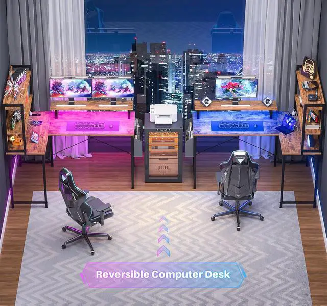 Alt view image 6 of 7 - Homieasy L Shaped Computer Desk with Bookshelf, 47 Inch Reversible Corner Gaming Desk with Charging Station & Led Light, Home Office Desk with Hutch Monitor Stand Storage Shelves Bag, Rustic Brown