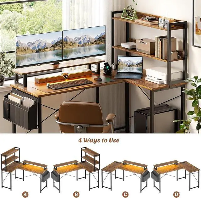 Alt view image 7 of 7 - Homieasy L Shaped Computer Desk with Bookshelf, 47 Inch Reversible Corner Gaming Desk with Charging Station & Led Light, Home Office Desk with Hutch Monitor Stand Storage Shelves Bag, Rustic Brown