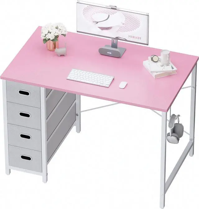 Main image of Pamray 40 Inch Computer Desk with 4 Drawers Small Office Desk for Home Bedroom Study Writing Simple Modern Computer Table Pink