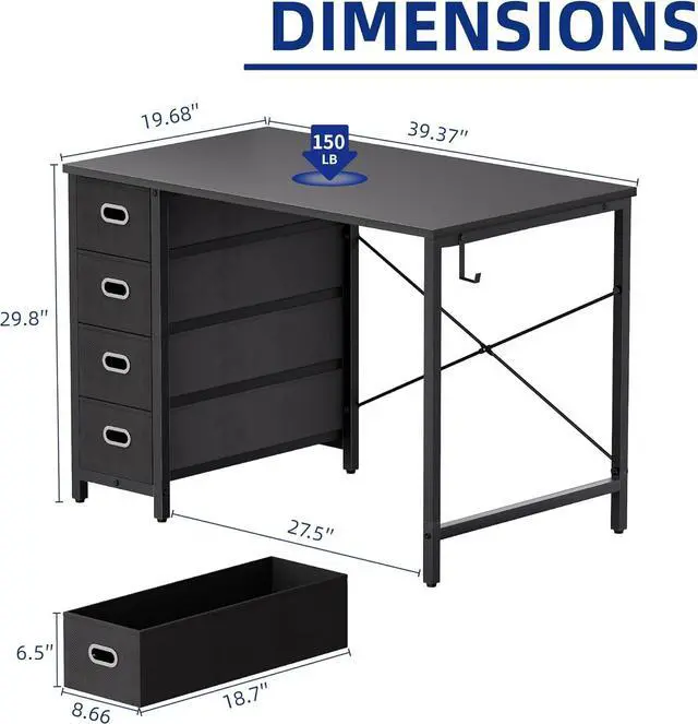 Alt view image 3 of 6 - Pamray 40 Inch Computer Desk with 4 Drawers Small Office Desk for Home Bedroom Study Writing Simple Modern Computer Table Pink