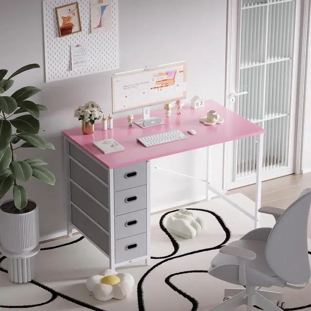 Alt view image 2 of 6 - Pamray 40 Inch Computer Desk with 4 Drawers Small Office Desk for Home Bedroom Study Writing Simple Modern Computer Table Pink